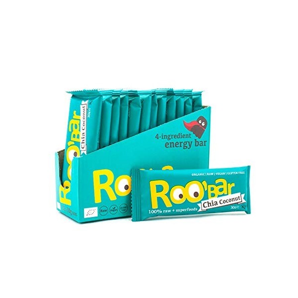 Roobar Chia & Coconut Raw Bar - Dairy & Gluten Free. 100% Organic, Vegan with Superfoods for Optimum Nutrition. No Added Refi