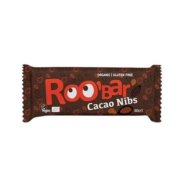 Roobar Cacao Nibs Raw Bar - Dairy & Gluten Free. 100% Organic, Vegan with Superfoods. No Added Refined Sugar - 12 x 30g Raw B