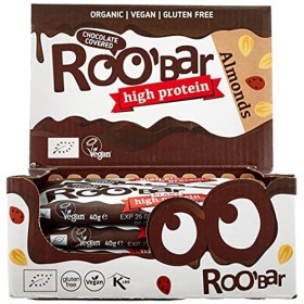 Roobar Chocolate Covered High Protein Almond Bar – 100% Organic Vegan Bar for Optimum Nutrition. Dairy & Gluten Free, No Adde