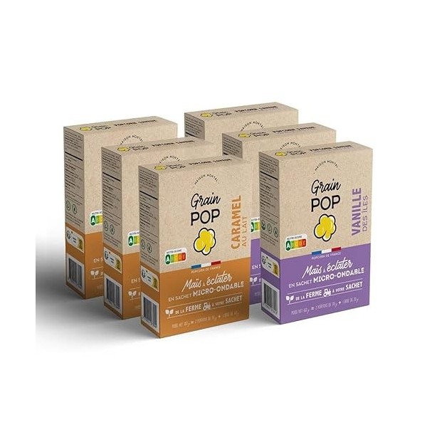 popcorn à micro ondes - grain de maïs à éclater - Grain Pop - lot sucré 6 étuis 3 étuis vanille + 3 étuis caramel saveur Va
