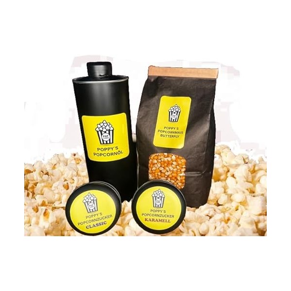 Poppys Popcorn Coffret cadeau 1,5 kg maïs pop-corn 1 l dhuile pour pop-corn 2 x 150 g sucre pour pop-corn