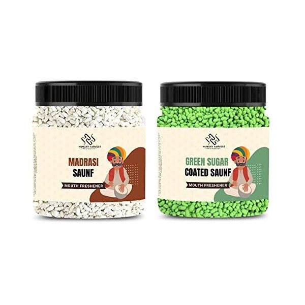 Hungry Harvest Combo Pack de Madrasi Saunf White Sweet Mint Saunf Mukhwas & Green Sugar Coated Saunf Mukhwas 300 g chacun Tot