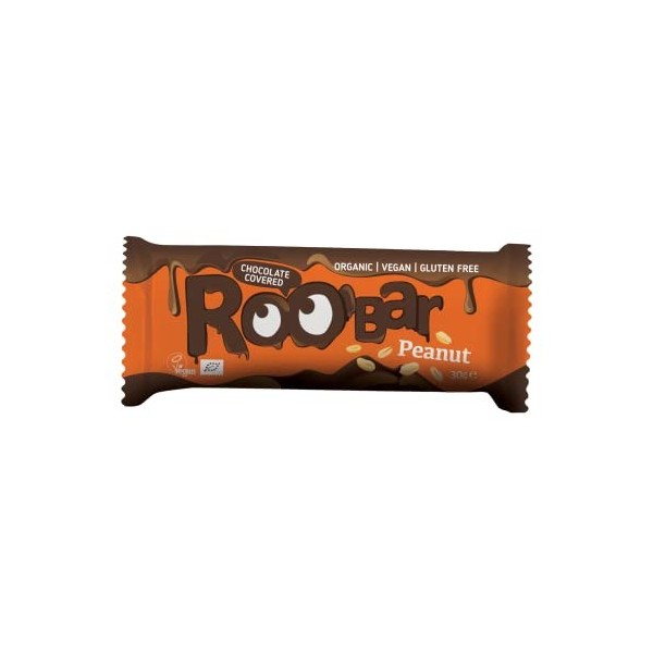 ROOBAR Barre cacahuètes enrobée de chocolat noir bio Naturellement riche en fibres et sans gluten - 30g