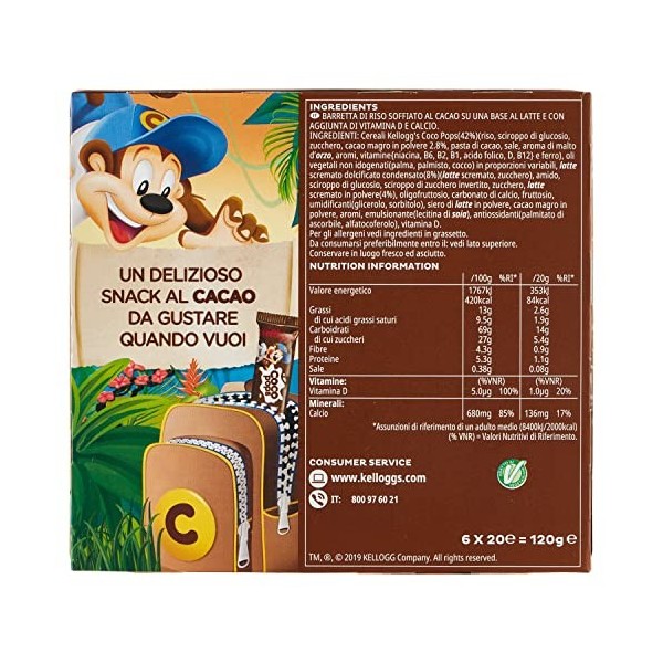 Kelloggs Coco Pops Snack Barre de riz soufflé avec cacao 6 x 20 g 120 g