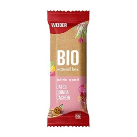 Weider Bio Bar. Barres issues de l’agriculture biologique avec dattes, quinoa, noix de cajou. Sans sucres ajoutés. Source nat