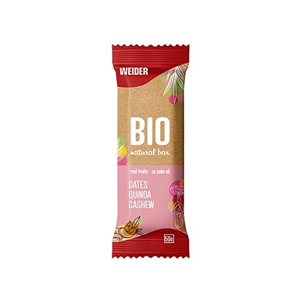 Weider Bio Bar. Barres issues de l’agriculture biologique avec dattes, quinoa, noix de cajou. Sans sucres ajoutés. Source nat