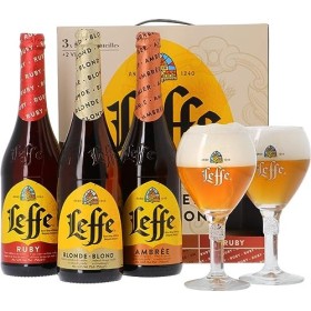 Leffe Coffret Bière Sélection 3 bouteilles de 75cl & 2 verres de 25cl, 750.00 ml Lot de 1 