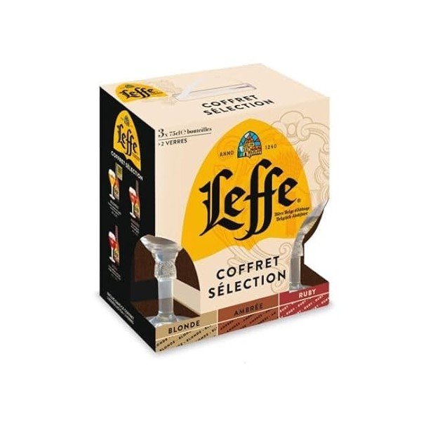 Leffe Coffret Bière Sélection 3 bouteilles de 75cl & 2 verres de 25cl, 750.00 ml Lot de 1 