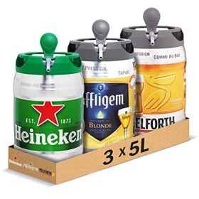 Heineken, Affligem, Pelforth - Pack de 3 Fûts 5L - Bières Blondes 6,7°et 5,8° - Compatible Tireuse BeerTender, Utilisable san