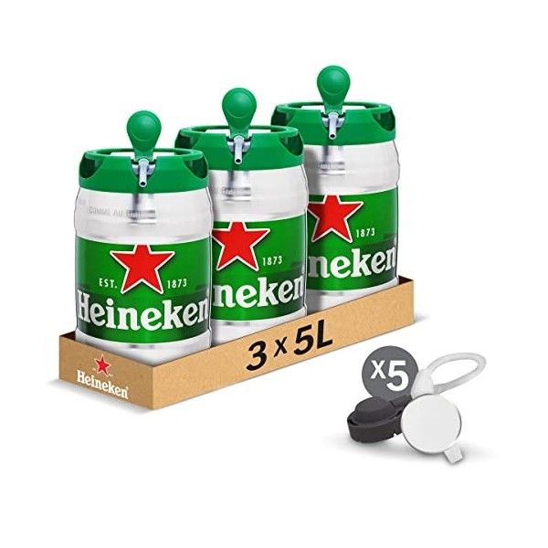 Heineken - Pack de 3 Fûts 5L - Bière Blonde 5° - Compatible Tireuse BeerTender, Utilisable sans Machine à Bière - Coffret Biè