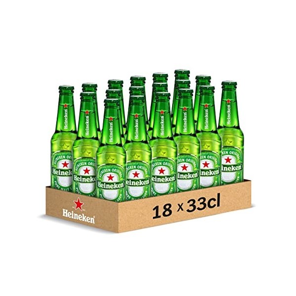 Heineken - Pack de 18 Bières Heineken Blondes 5° - 4 Ingrédients dont Malt 100% Pur Orge Issu de l’Agriculture Durable, Culti