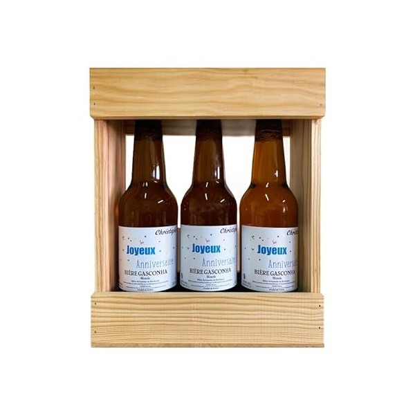 Coffret biere BRASSERIE GASCONHA + Caisse bois - Coffret degustation biere avec etiquette bouteille personnalisable pour prén
