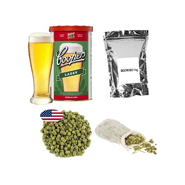 Kit de bière - Coopers Lager + Dextrose Glucose 1kg + Houblons - Cascade 25g + Sachet à houblon