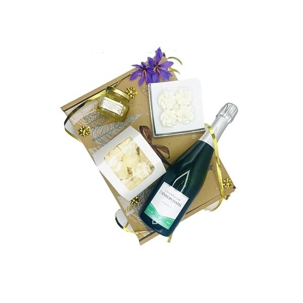 Coffret Champagne Brut Tradition, 75cl, Meringues, gelée de champagne, cadeau, colis gourmand Noel