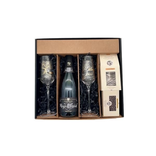 Coffret Cadeau noir - Champagne Marquis de Pomereuil -1 Brut - Cacaotines 1x150g et Raisins au sauternes 1x100g MAISON GU