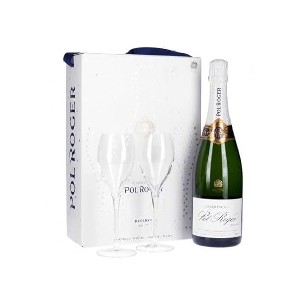 Champagne Pol Roger Brut Réserve Coffret 1 Bouteille + 2 Flûtes