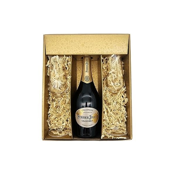 Coffret cadeau Champagne Perrier Jouët - Or -1 Brut - 2 flutes Anton Studio Design