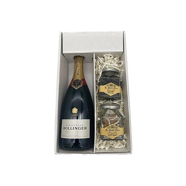 Coffret cadeau blanc - Champagne Bollinger - 1 Brut - 1 pot de Calissons & 1 pot dAmandes enrobées LE PETIT DUC