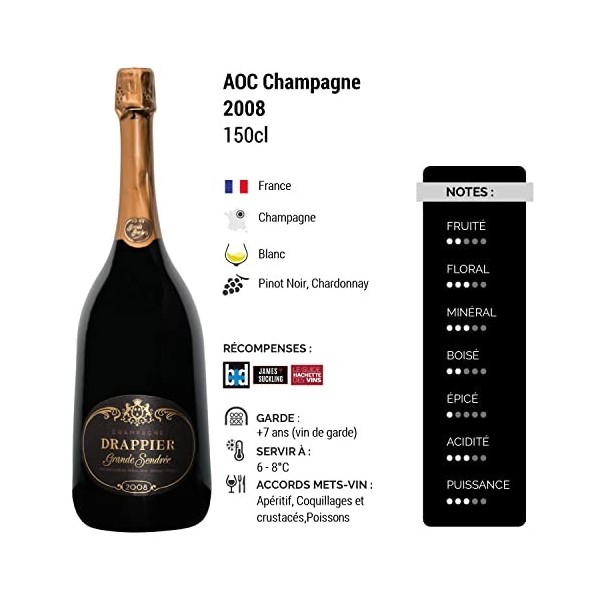 Champagne Grande Sendrée Brut MAGNUM Blanc 2008 - Champagne Drappier - 150cl - Cépages Pinot Noir, Chardonnay - 2 étoiles Gui