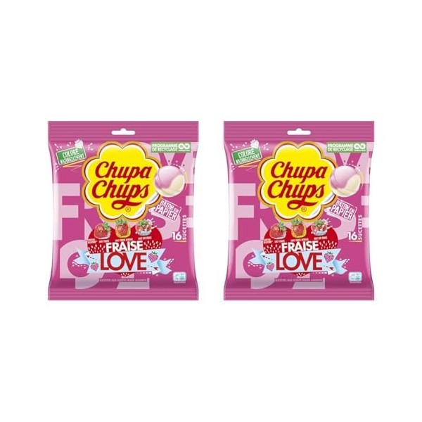Chupa Chups Sachet de 16 sucettes Fraise Love/Bonbons sans gluten/3 parfums Assortis Fraise/fraise Acidulée/Lait Fraise- 192g