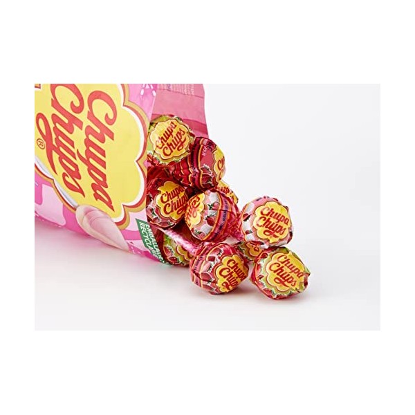 Chupa Chups Sachet de 16 sucettes Fraise Love/Bonbons sans gluten/3 parfums Assortis Fraise/fraise Acidulée/Lait Fraise- 192g