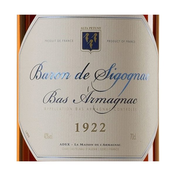 BARON DE SIGOGNAC ARMAGNAC MILLÉSIMÉ 1922 70 Cl