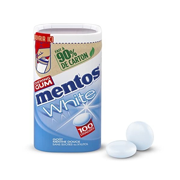 MENTOS GUM - Chewing-Gum White Menthe Douce - Chewing-Gum Blancheur Sans Sucres - Haleine Fraîche - Sourire Éclatant - Boîte 