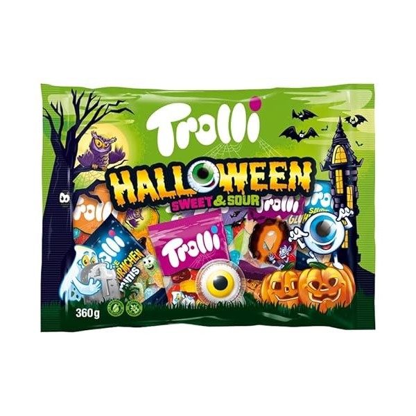 Trolli Halloween Bonbons Doux et Acidulés en sachet de 360g, mélange de bonbons avec des yeux globuleux, des vers acidulés et