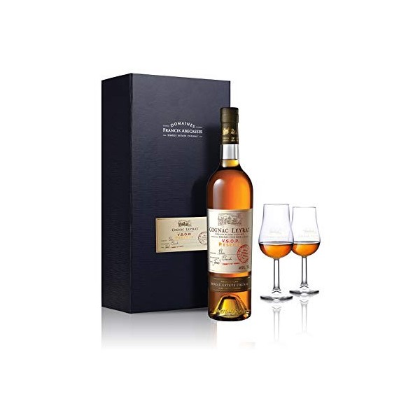 Leyrat, Cognac VSOP Réserve 70cl, 40% alc, Coffret 2 verres Leyrat Single Estate Cognac Cru Fins Bois.