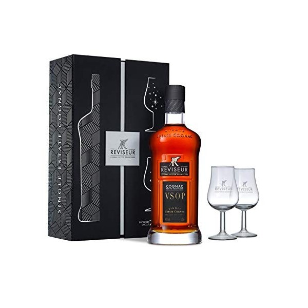 Réviseur, Cognac VSOP 70cl, 40% alc, Coffret 2 verres Réviseur, Single Estate Cognac Cru Petite Champagne.