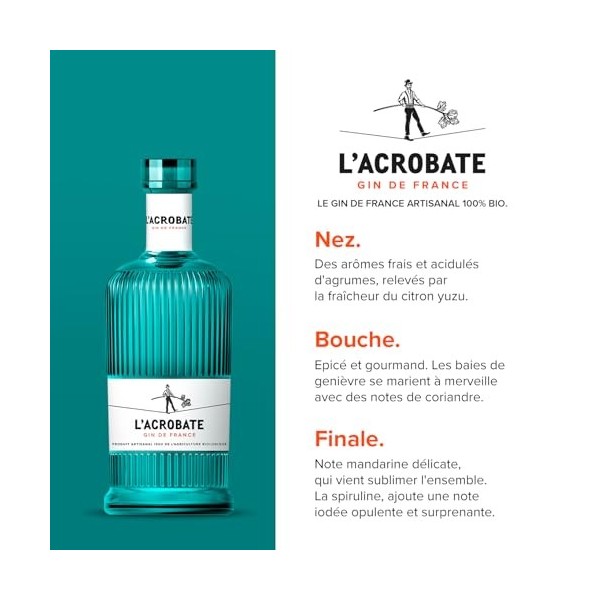 LAcrobate - Gin Bio Artisanal Français - Médaille d’or Concours Mondial de Bruxelles 2021 - 44 Pour cent Alcool - Origine :