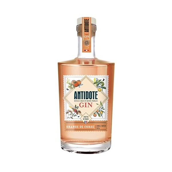Antidote Gin Orange de Corse - Qualité Premium - Produit en France à partir de raisins français - 17 plantes aromatiques, 5 d