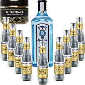 Gintonic - Gin Bombay Sapphire 40° + 9Fever Tree Indian Premium Water - 70cl + 9 * 20cl + Pot de 20 tranches de Citron Jaun