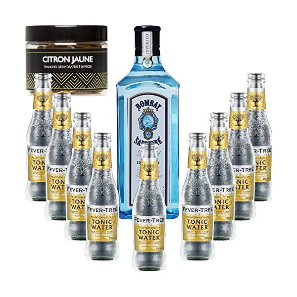 Gintonic - Gin Bombay Sapphire 40° + 9Fever Tree Indian Premium Water - 70cl + 9 * 20cl + Pot de 20 tranches de Citron Jaun