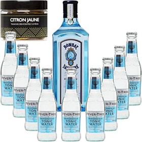 Gintonic - Gin Bombay Sapphire 40° + 9Fever Tree Mediterranean Water - 70cl + 9 * 20cl + Pot de 20 tranches de Citron Jaune