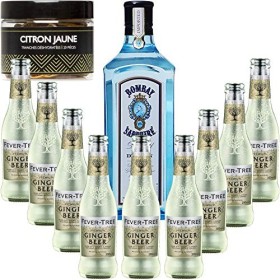 Gintonic - Gin Bombay Sapphire 40° + 9Fever Tree Ginger Beer Water - 70cl + 9 * 20cl + Pot de 20 tranches de Citron Jaune d