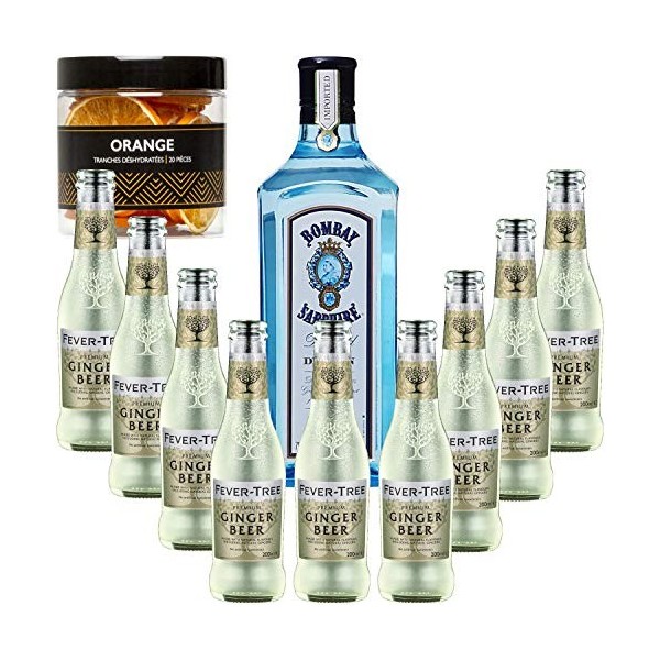 Gintonic - Gin Bombay Sapphire 40° + 9Fever Tree Ginger Beer Water - 70cl + 9 * 20cl + Pot de 20 tranches de Orange déshydr