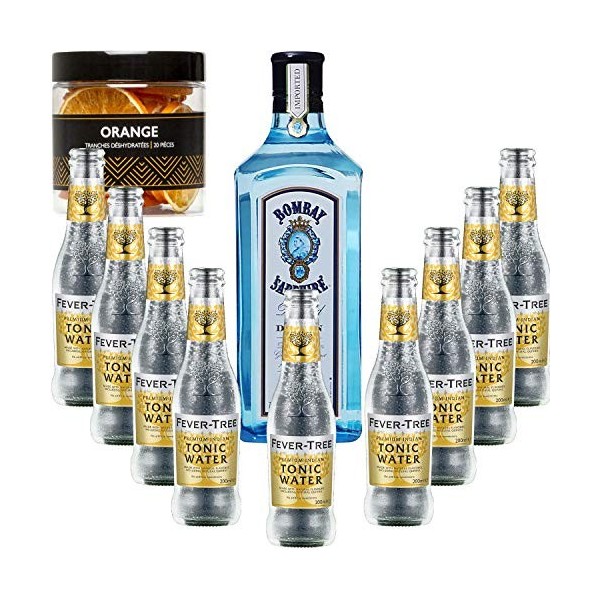Gintonic - Gin Bombay Sapphire 40° + 9Fever Tree Indian Premium Water - 70cl + 9 * 20cl + Pot de 20 tranches de Orange désh