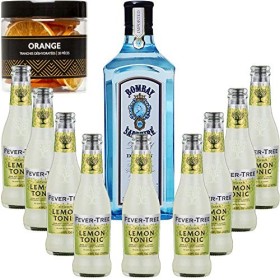 Gintonic - Gin Bombay Sapphire 40° + 9Fever Tree Sicilian Lemon Water - 70cl + 9 * 20cl + Pot de 20 tranches de Orange désh