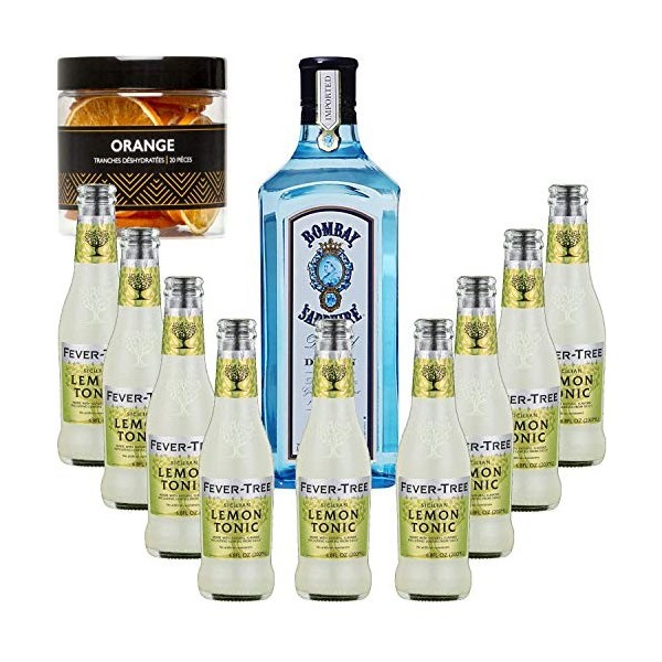 Gintonic - Gin Bombay Sapphire 40° + 9Fever Tree Sicilian Lemon Water - 70cl + 9 * 20cl + Pot de 20 tranches de Orange désh