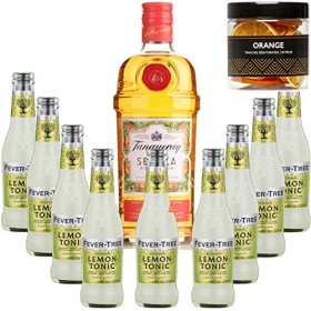 Pack Gintonic - Gin Tranqueray Flor de Sevilla + 9 Fever Tree Sicilian Lemon Water - 70cl + 9 * 20cl + Pot de 20 tranches d