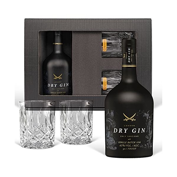 Coffret cadeau de gin Zanzibar Luxury Dry Gin 0.7 l avec 2 verres tumbler. Le cadeau de luxe pour les connaisseurs