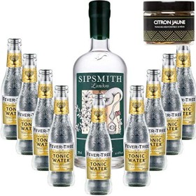 Pack Gintonic - Gin Sipsmith + 9 Fever Tree Indian Premium Water - 70cl + 9 * 20cl + Pot de 20 tranches de Citron jaune dés