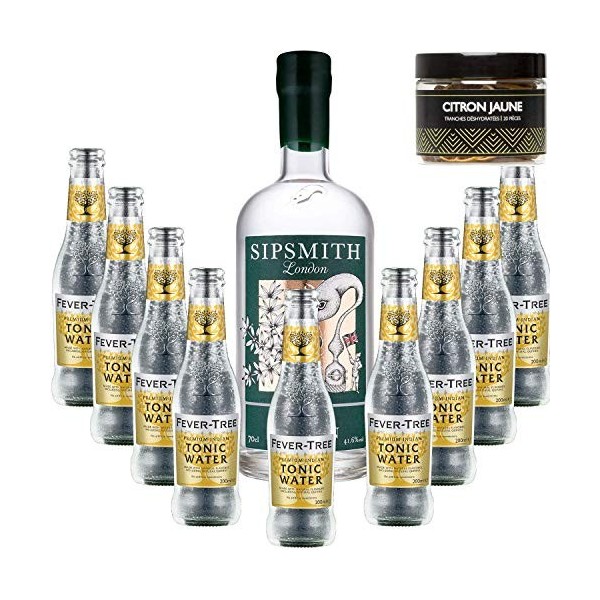 Pack Gintonic - Gin Sipsmith + 9 Fever Tree Indian Premium Water - 70cl + 9 * 20cl + Pot de 20 tranches de Citron jaune dés