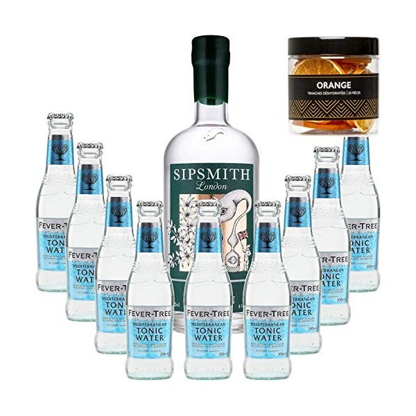 Pack Gintonic - Gin Sipsmith + 9 Fever Tree Mediterranean Water - 70cl + 9 * 20cl + Pot de 20 tranches dOrange déshydratée