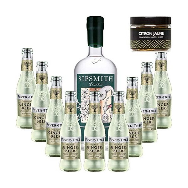 Pack Gintonic - Gin Sipsmith + 9 Fever Tree Ginger Beer Water - 70cl + 9 * 20cl + Pot de 20 tranches de Citron jaune déshyd