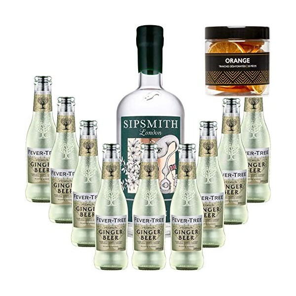 Pack Gintonic - Gin Sipsmith + 9 Fever Tree Ginger Beer Water - 70cl + 9 * 20cl + Pot de 20 tranches dOrange déshydratées