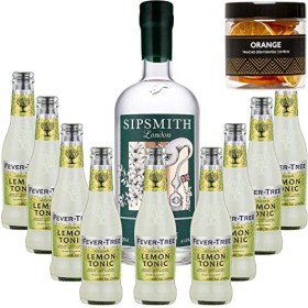 Pack Gintonic - Gin Sipsmith + 9 Fever Tree Sicilian Lemon Water - 70cl + 9 * 20cl + Pot de 20 tranches dOrange déshydraté