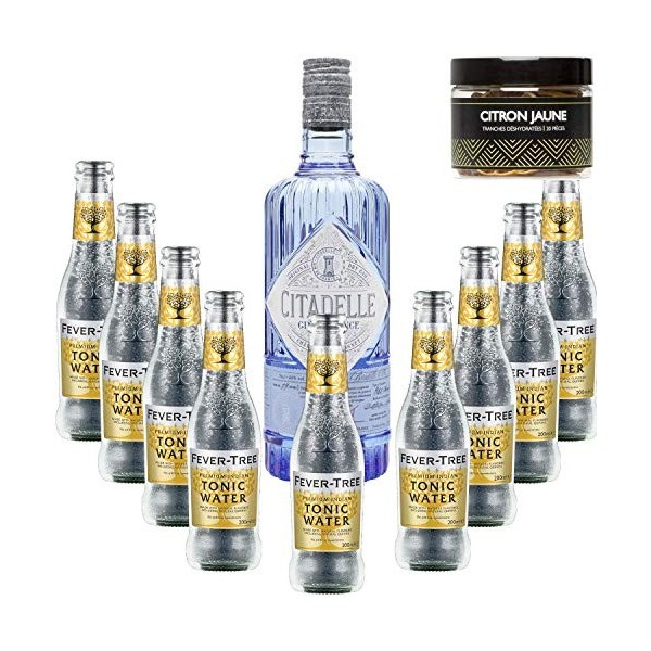 Pack Gintonic - Gin Citadelle Classique + 9 Fever Tree Indian Premium Water - 70cl + 9 * 20cl + Pot de 20 tranches de Citro