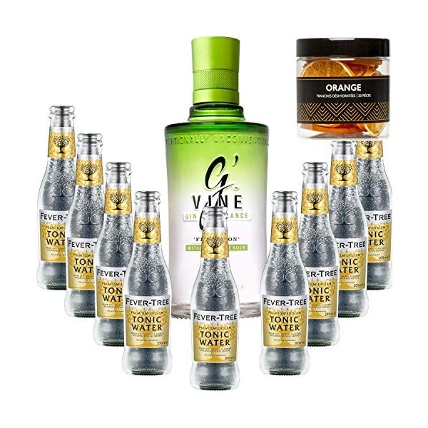 Pack Gintonic - GVine + 9 Fever Tree Indian Premium Water - 70cl + 9 * 20cl + Pot de 20 tranches dOrange déshydratées